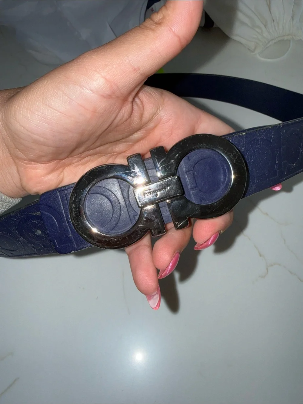 Ferragamo Double Gancini Leather Belt in Navy